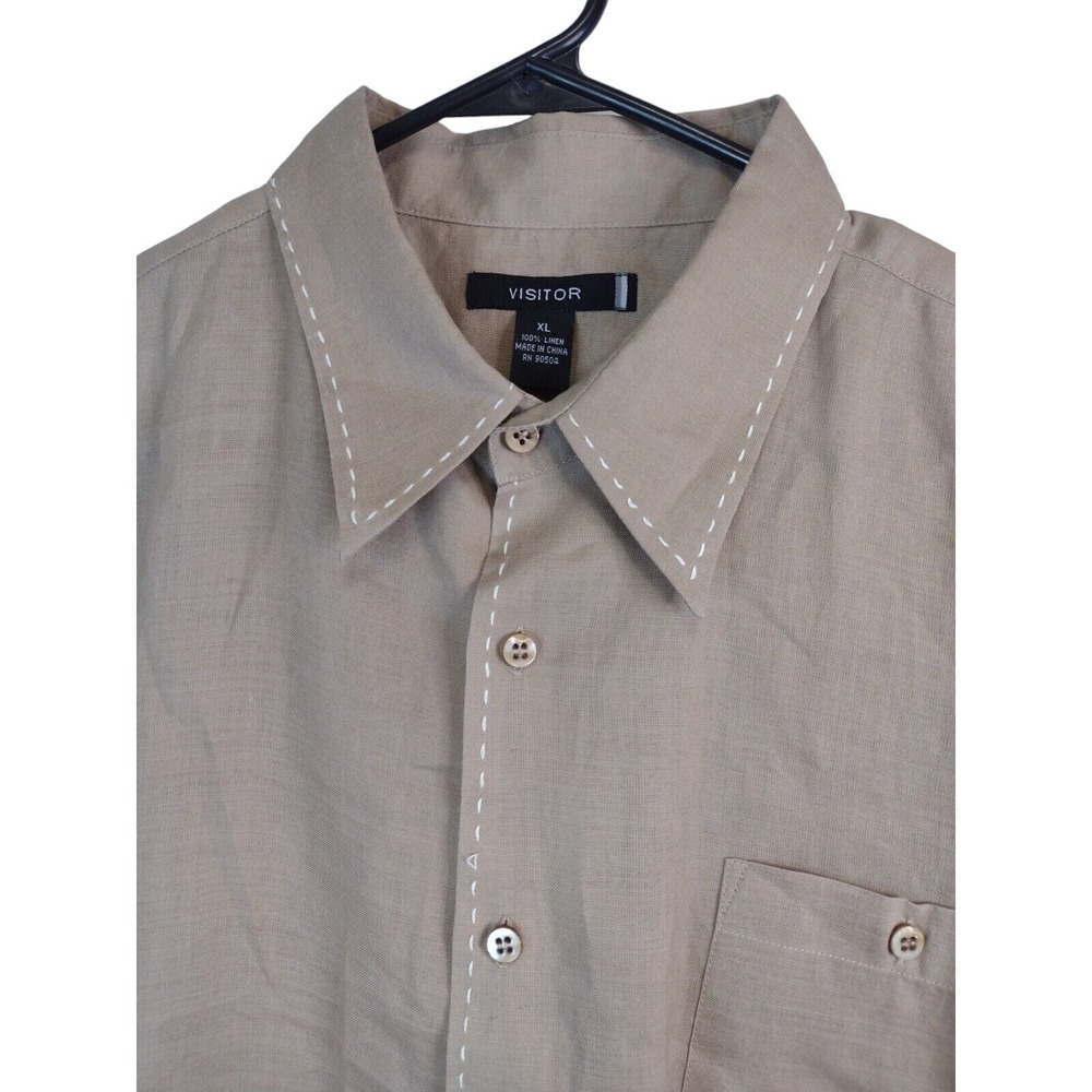 VISITOR Mens XL 100% Linen‎ Short Sleeved Button Up White Thread Outline Casual